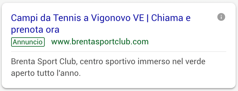 Annuncio Google Ads Brenta Sport Club 1