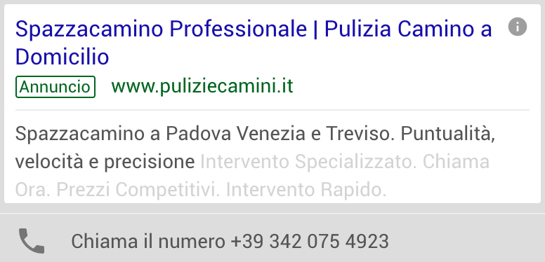 Annuncio Google Ads per spazzacamino