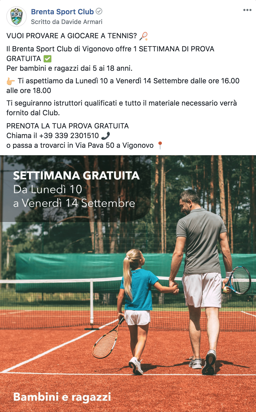 Esempio Centro SportivoPagina Facebook: Brenta Sport Club
