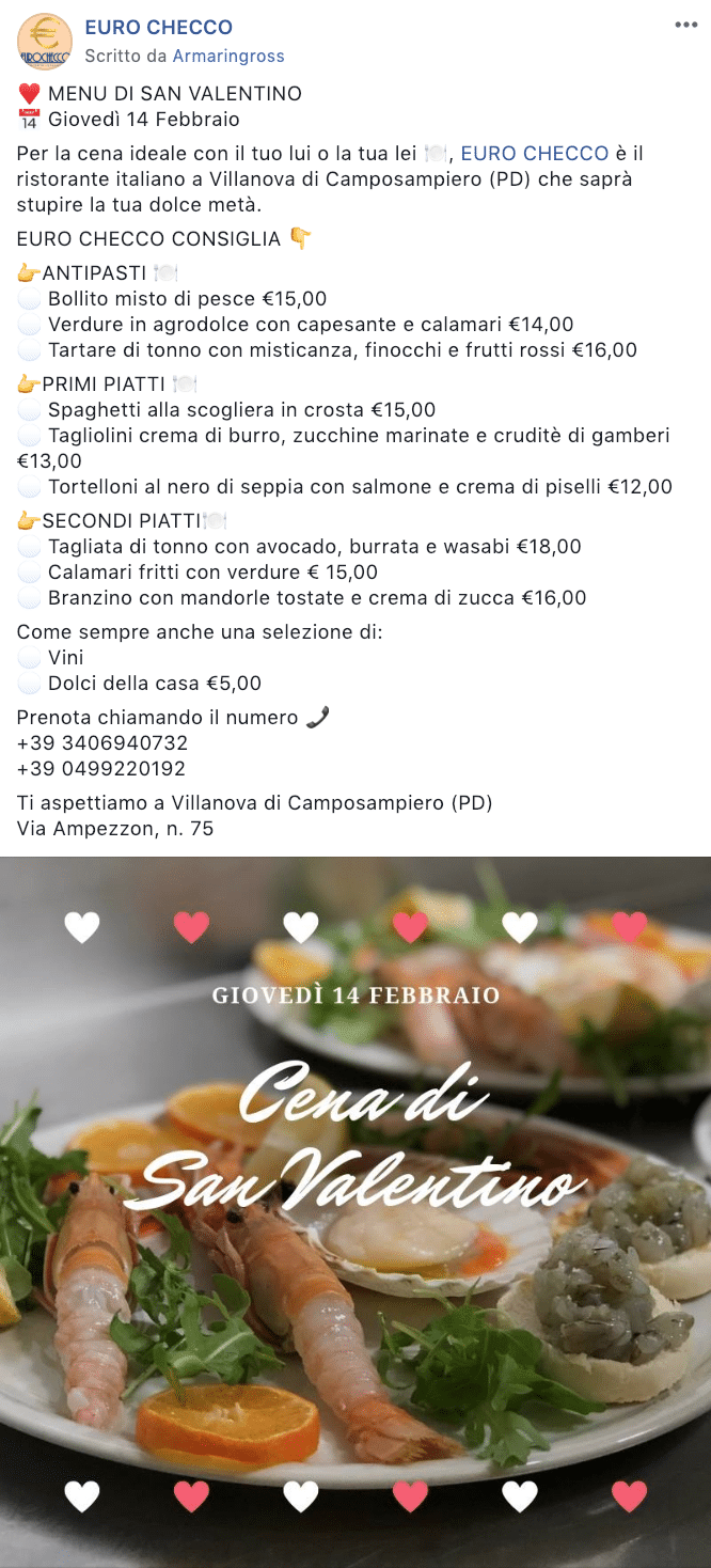 Esempio RistorantePagina Facebook: Euro Checco