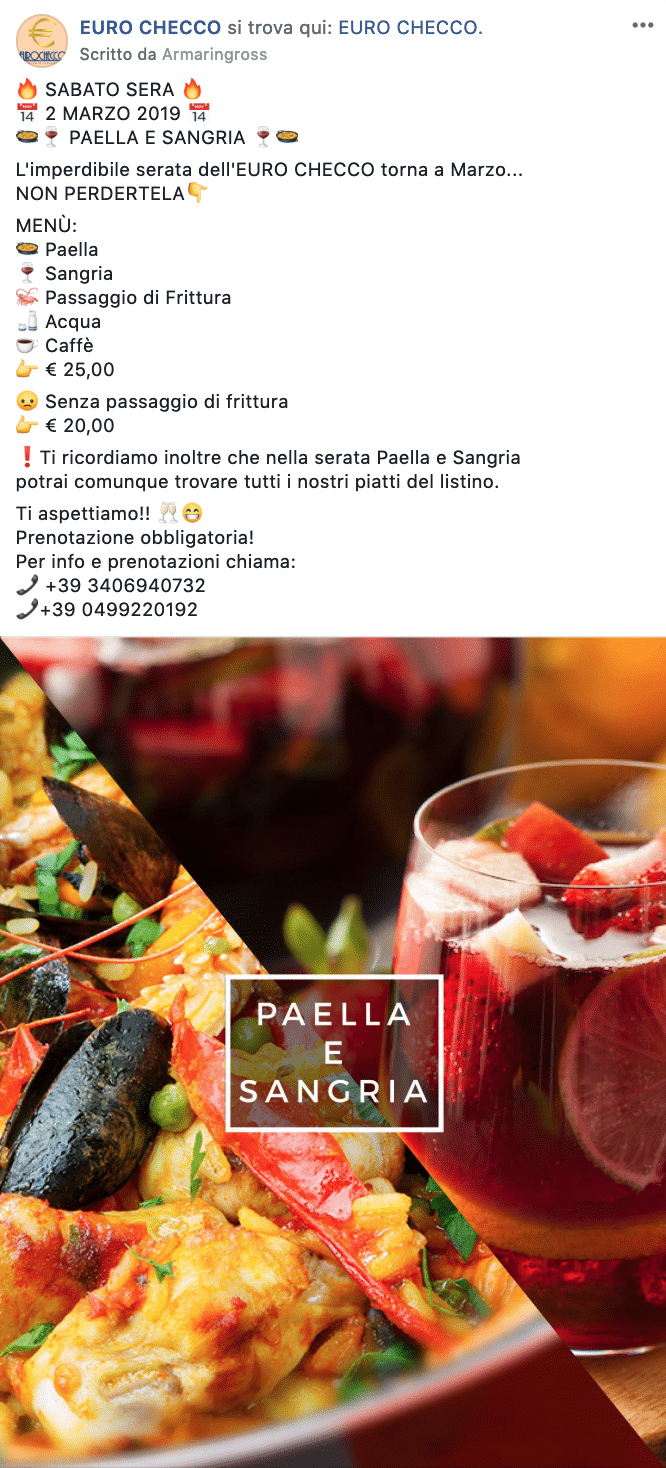 Esempio RistorantePagina Facebook: Euro Checco