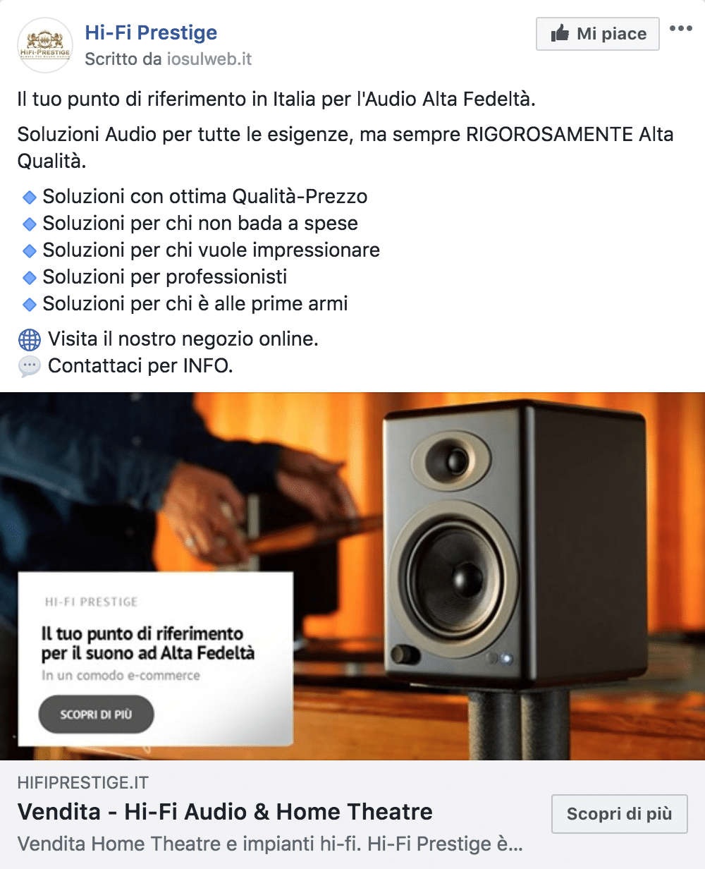 Esempio EcommercePagina Facebook: Hi-Fi Prestige