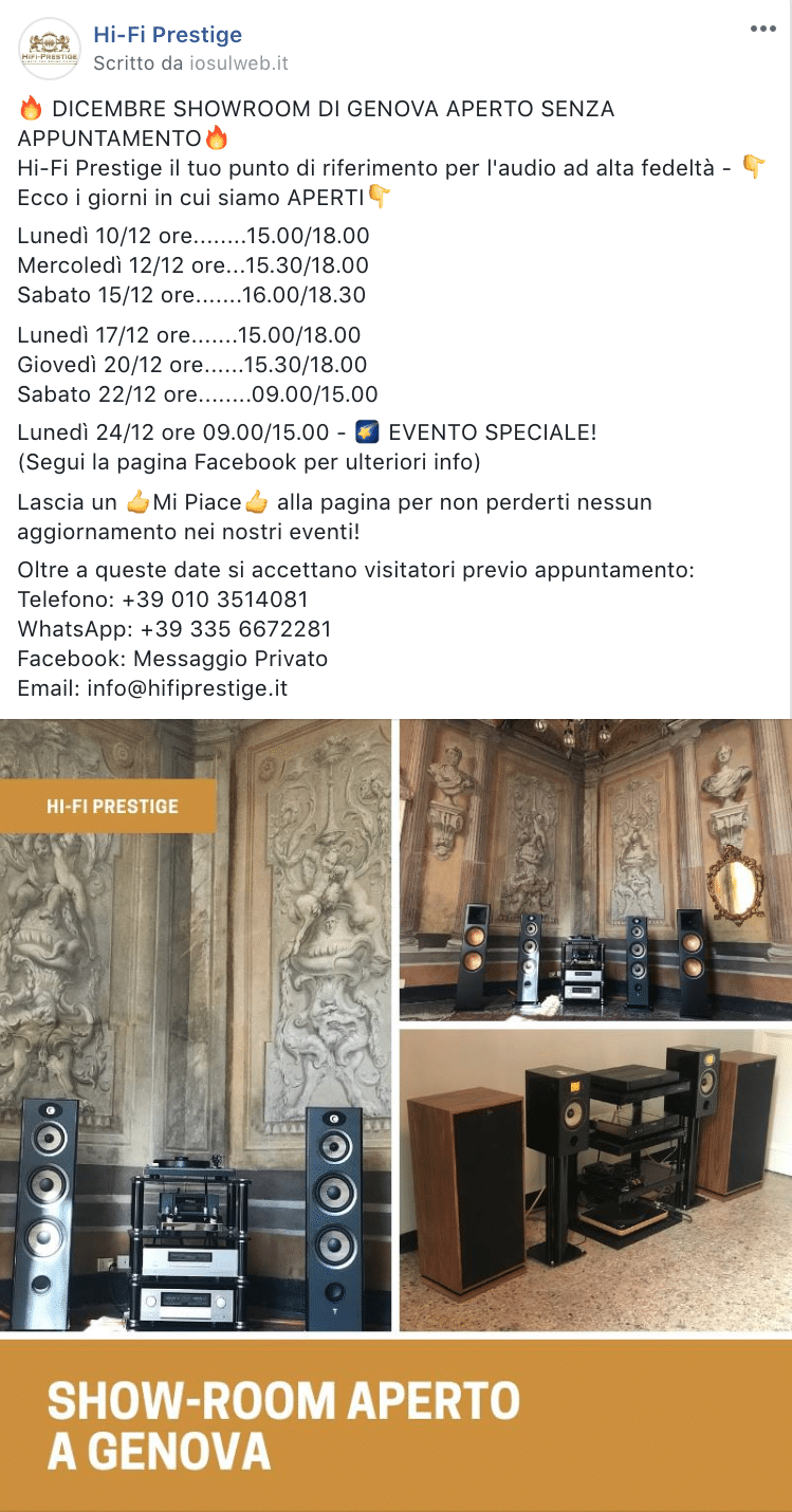 Esempio Showroom Impianti Hi-FiPagina Facebook: Hi-Fi Prestige