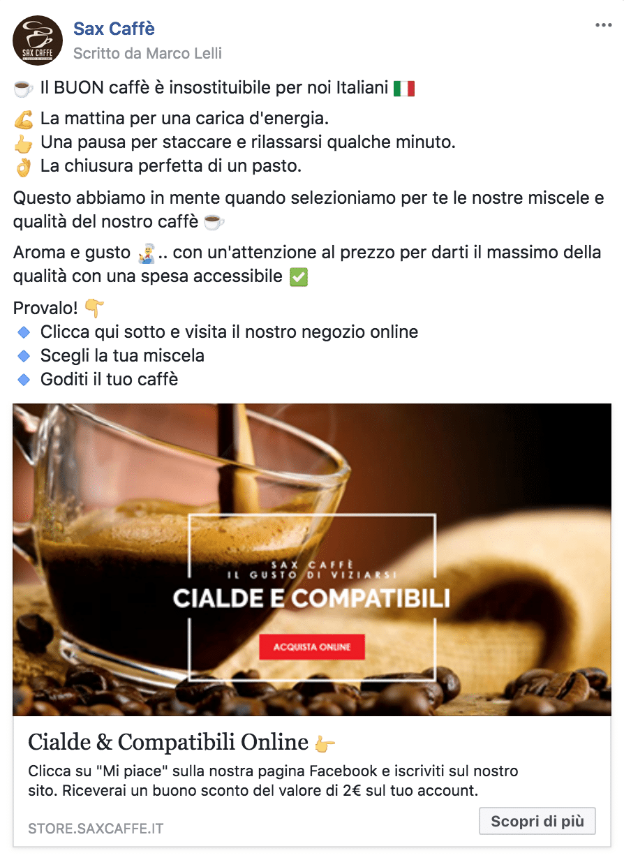 Esempio EcommercePagina Facebook: Sax Caffè