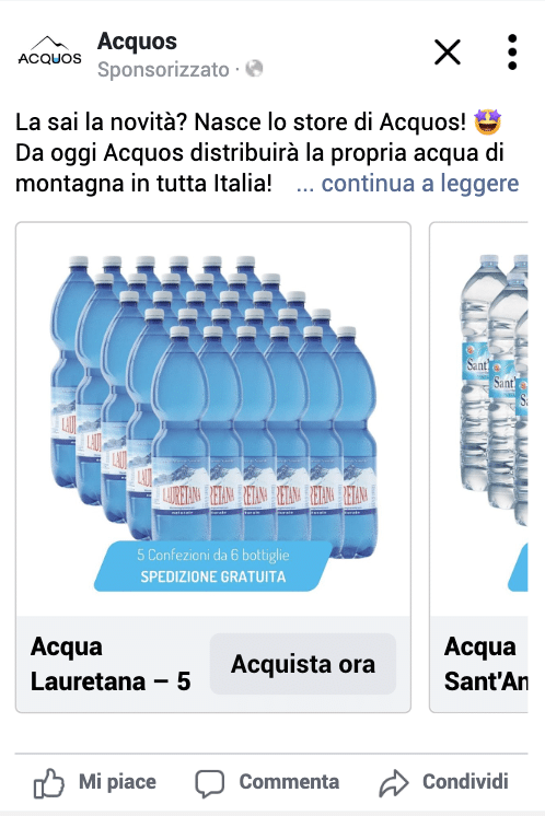 Esempio Ecommerce Acqua e BevandePagina Facebook: Acquos