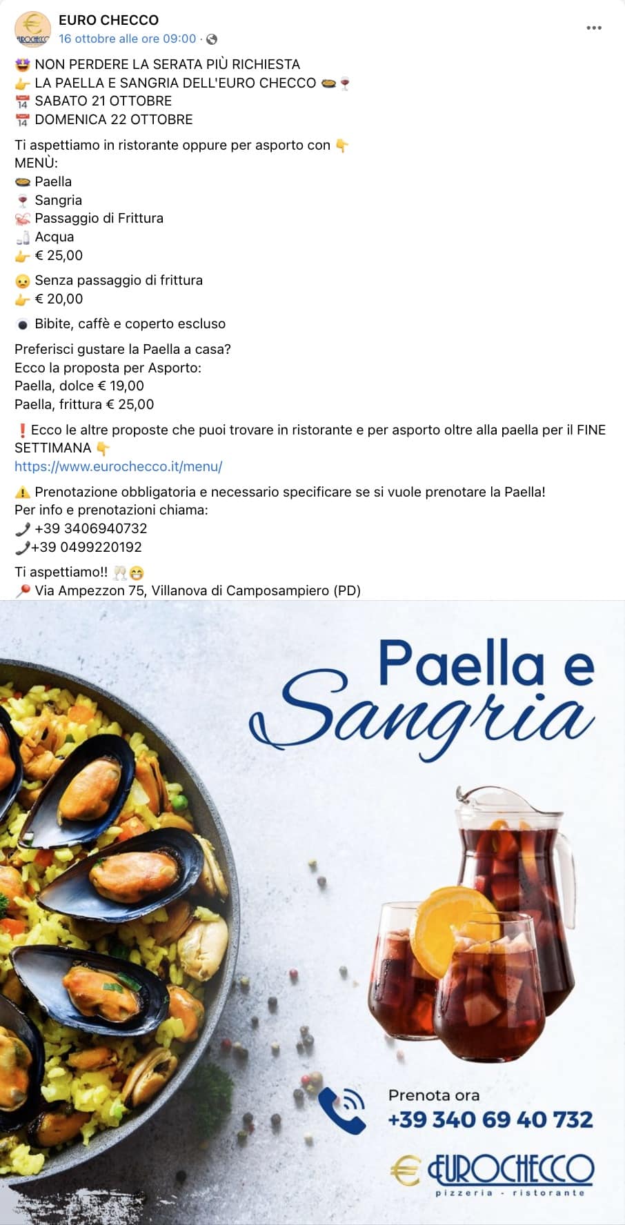 Esempio RistorantePagina Facebook: Euro Checco