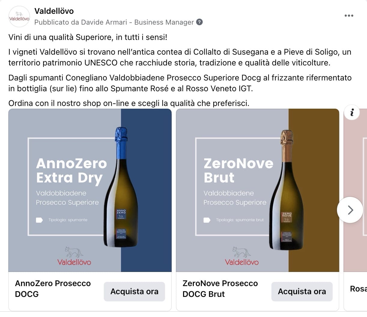 Esempio Ecommerce ViniPagina Facebook: Valdellövo