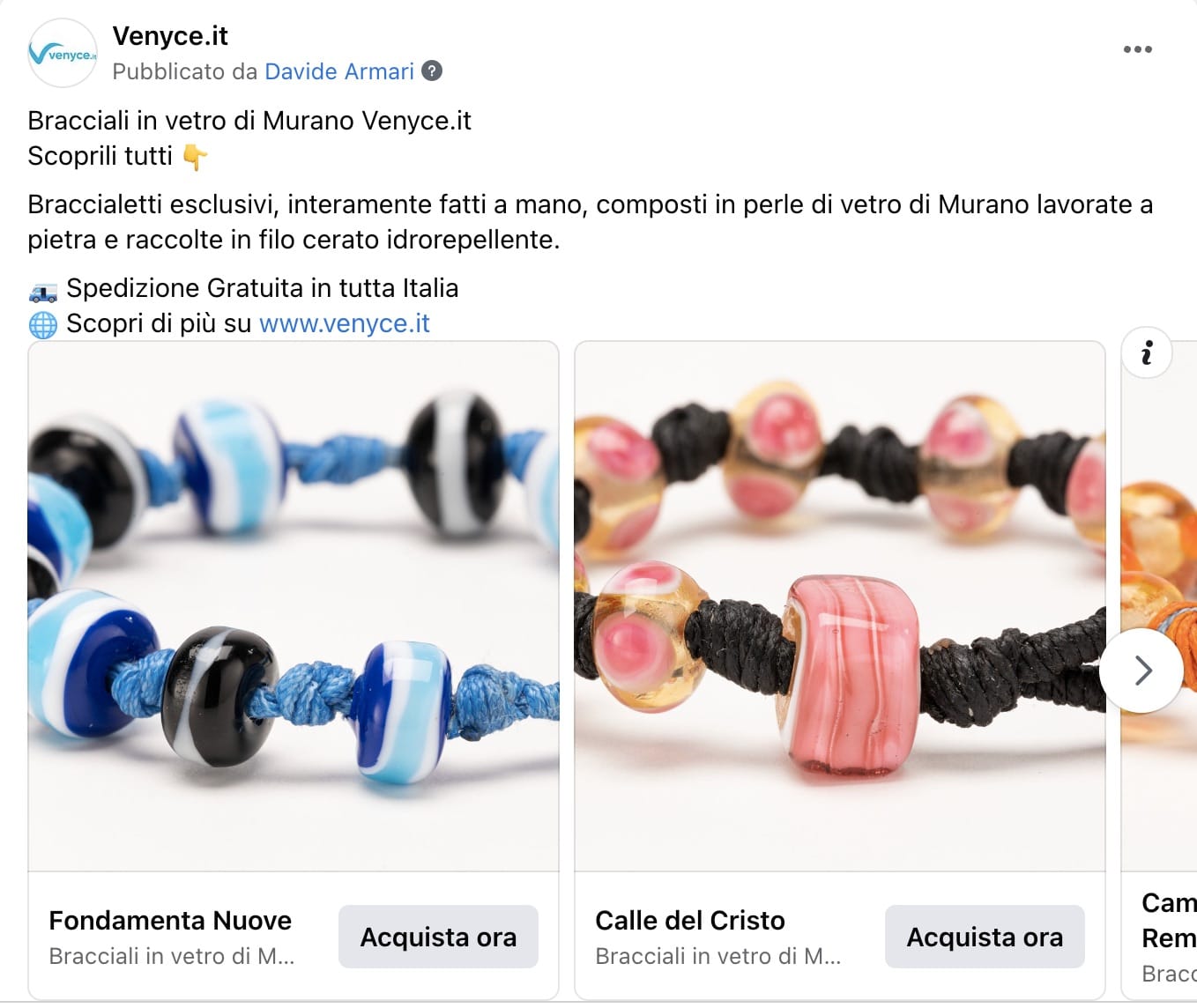 Esempio Ecommerce BraccialiPagina Facebook: Venyce