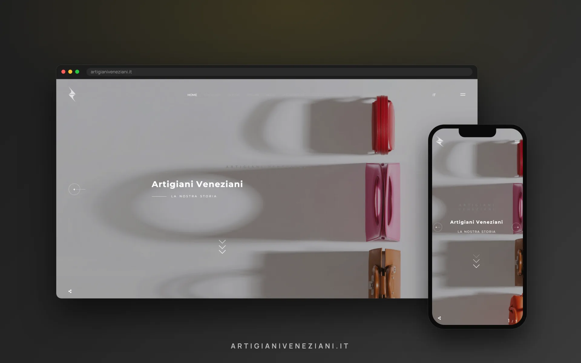 Artigiani Veneziani — pelletteria di lusso — vista desktop e mobile