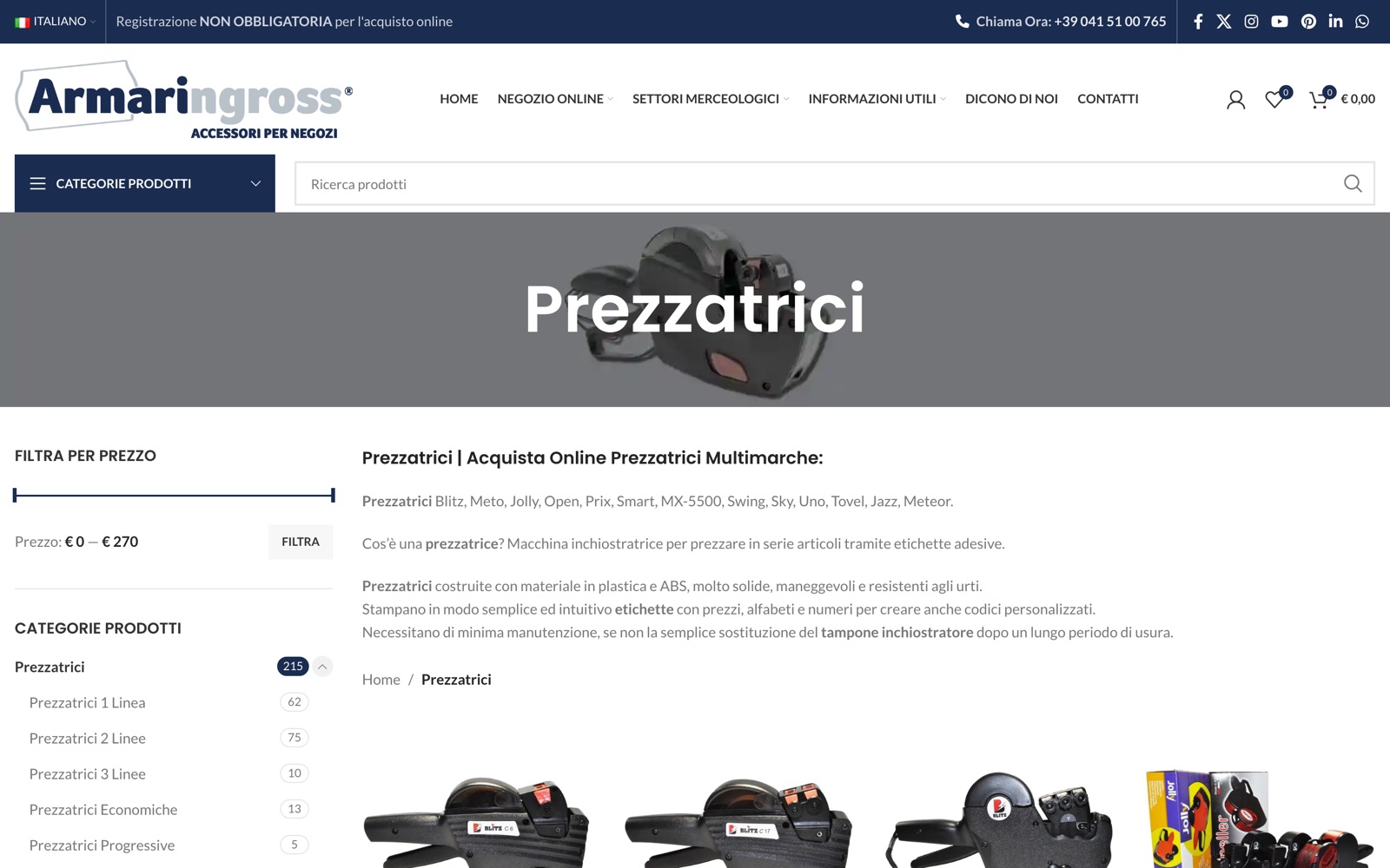 Categoria prezzatrici dell'ecommerce Armaringross con i filtri