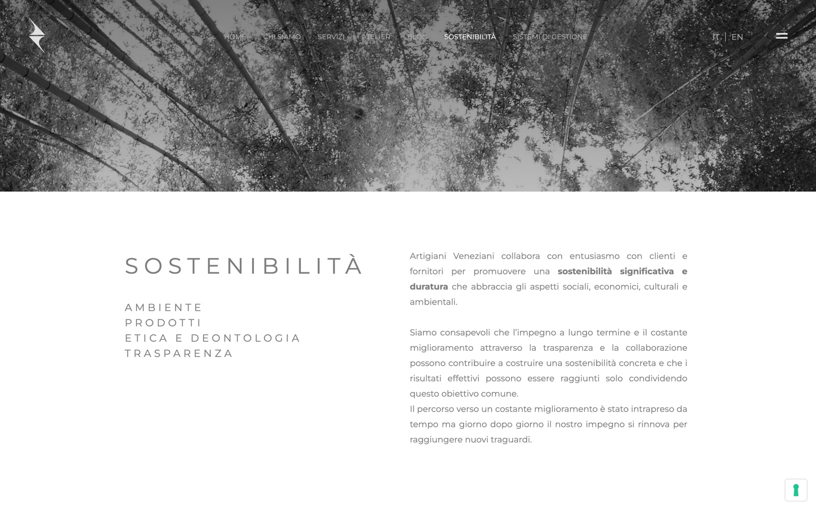 La pagina Sostenibilità di Artigiani Veneziani