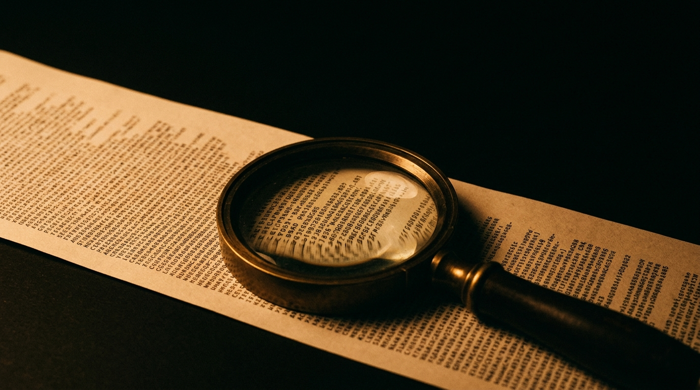 Una lente di ingrandimento appoggiata su un lungo tabulato con righe fitte e ripetute