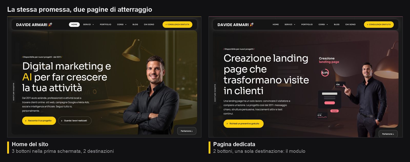 La prima schermata della home del sito accanto a quella di una pagina dedicata a un solo servizio