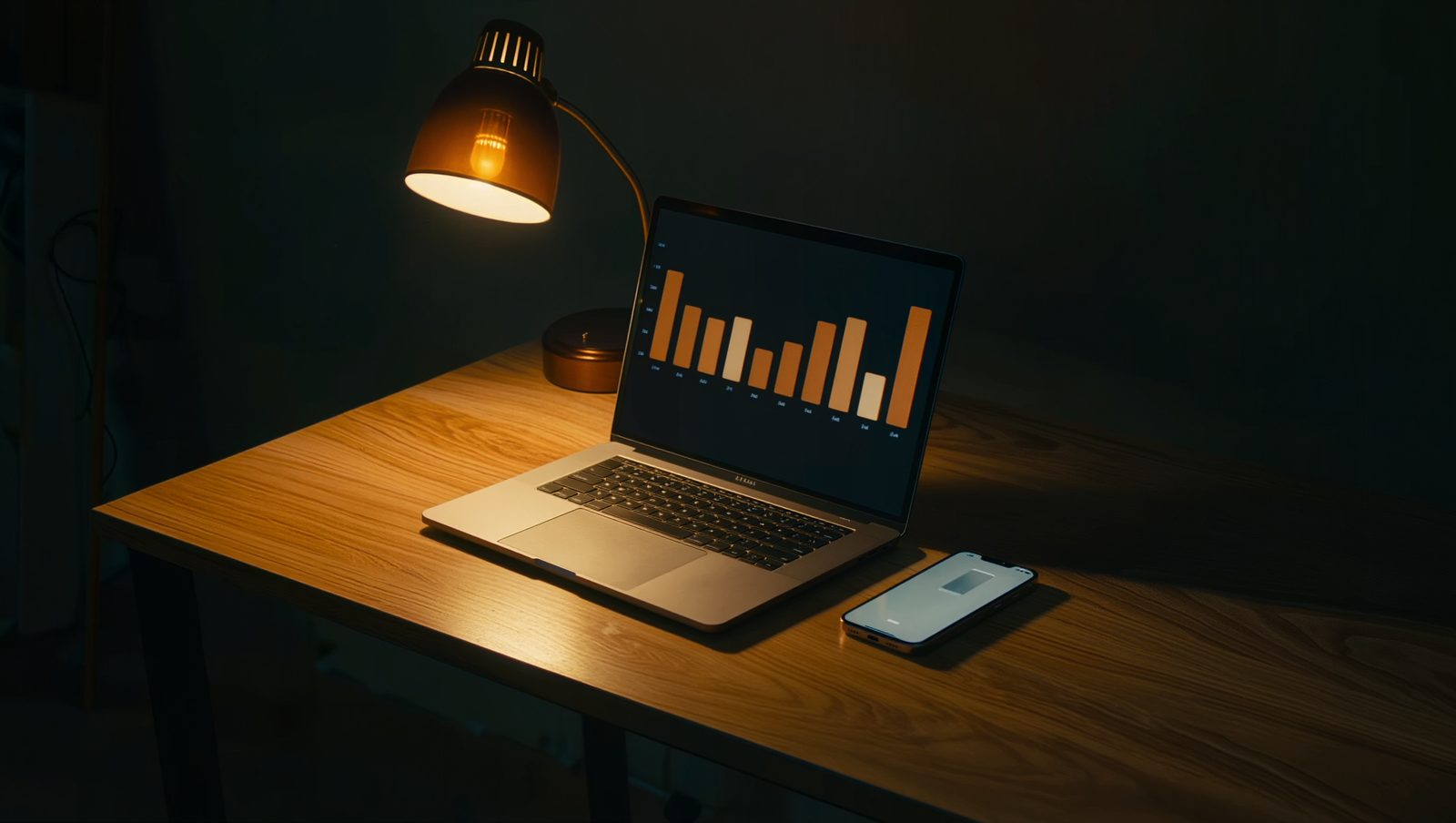 Un tavolo da lavoro la sera, illuminato da una lampada: un portatile acceso su un grafico di spesa e un telefono appoggiato di lato