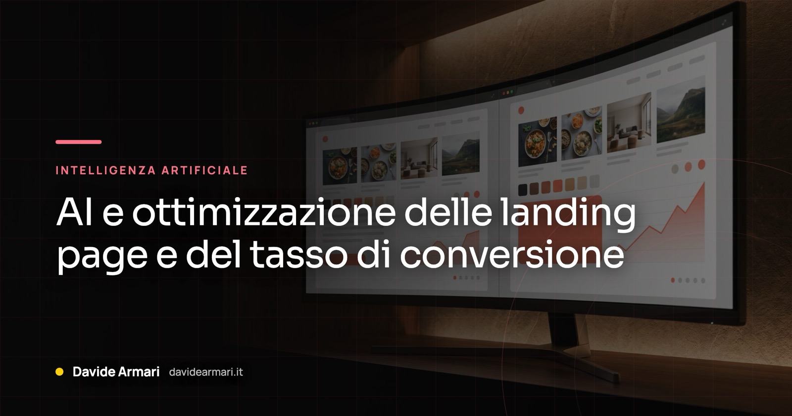 AI e ottimizzazione delle landing page e del tasso di conversione. Monitor curvo con due versioni della stessa pagina, quella di destra col pulsante corallo più grande
