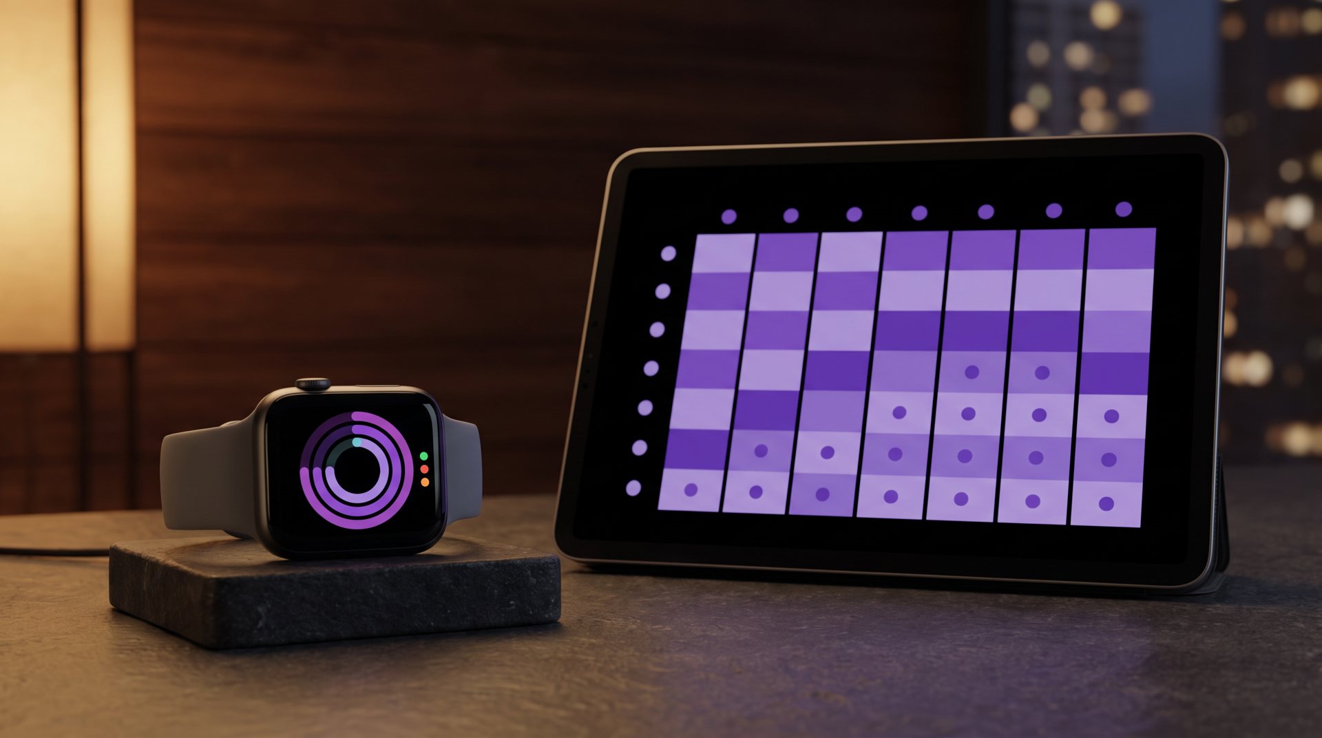 Lo smartwatch col cronometro e il tablet con la tabella dei sette giorni che si riempie di viola