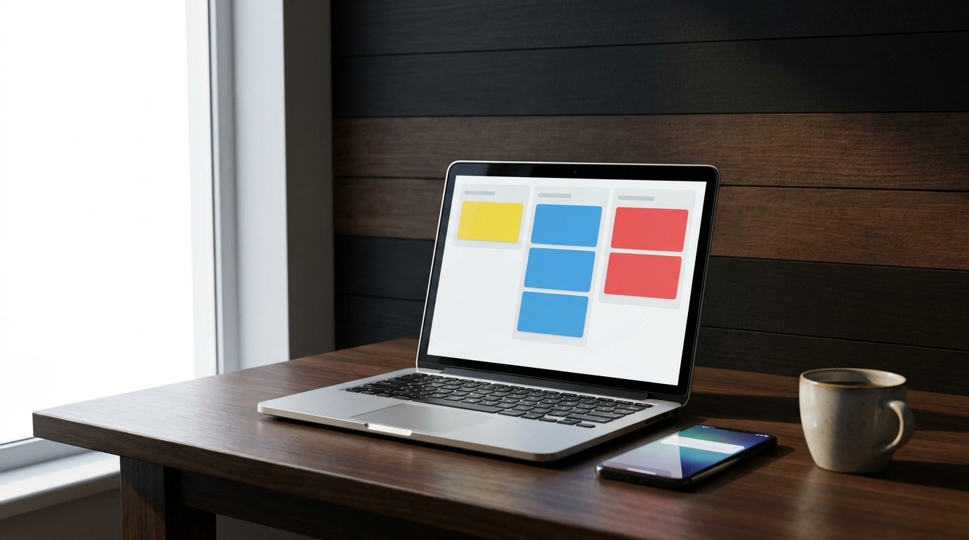 Portatile con una bacheca a tre colonne di schede colorate su una scrivania di noce, accanto smartphone e caffè
