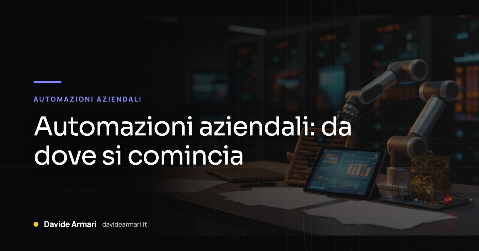 Stessa foto di prima, linea e occhiello in indaco, il colore della pagina Automazioni AI. Il titolo ora è quello dell’articolo