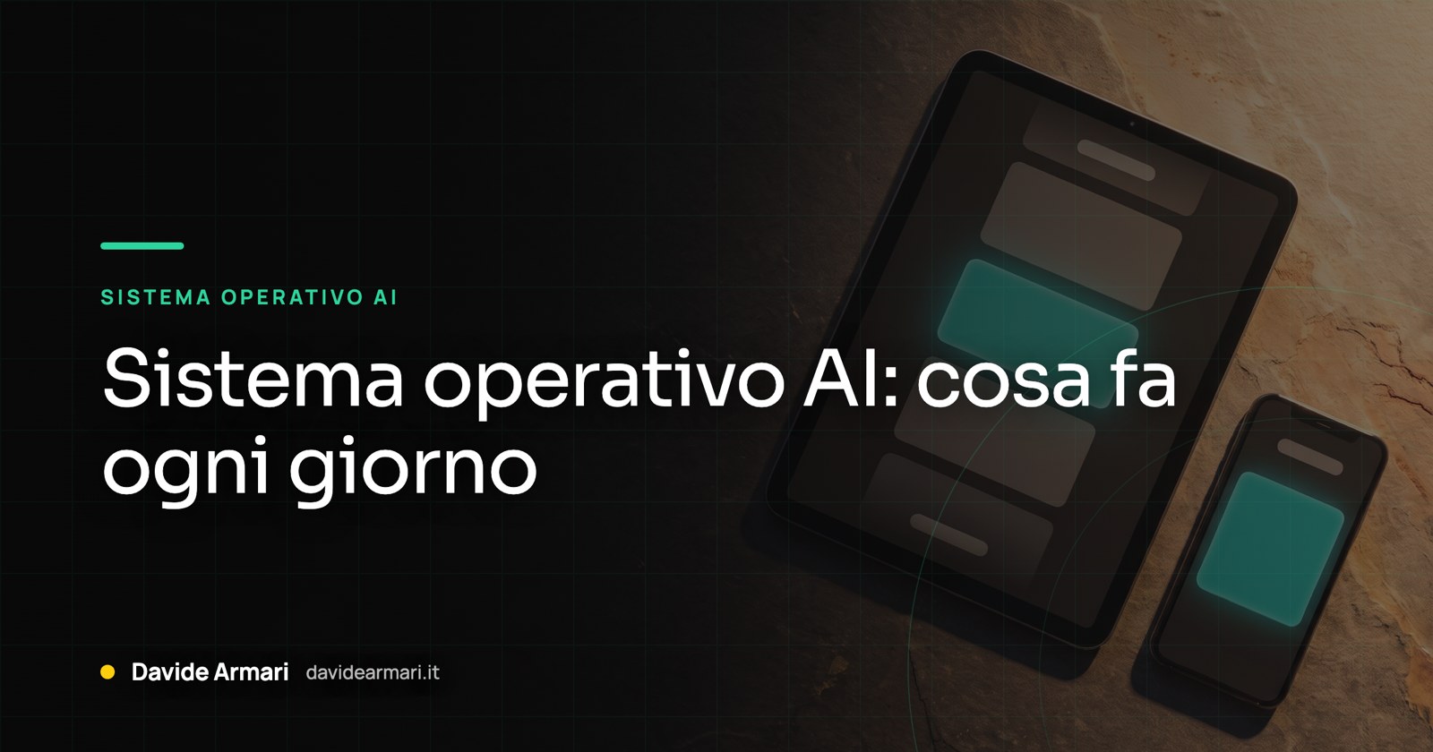 Dall’alto: il tablet con la bacheca della giornata e la scheda verde acqua, il telefono accanto