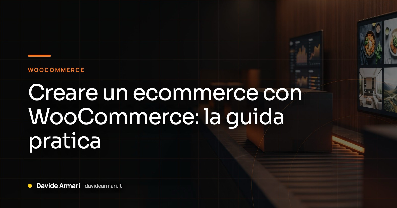 Creare un ecommerce con WooCommerce: la guida pratica. Un pacco su un nastro trasportatore di un centro spedizioni, con la luce arancione