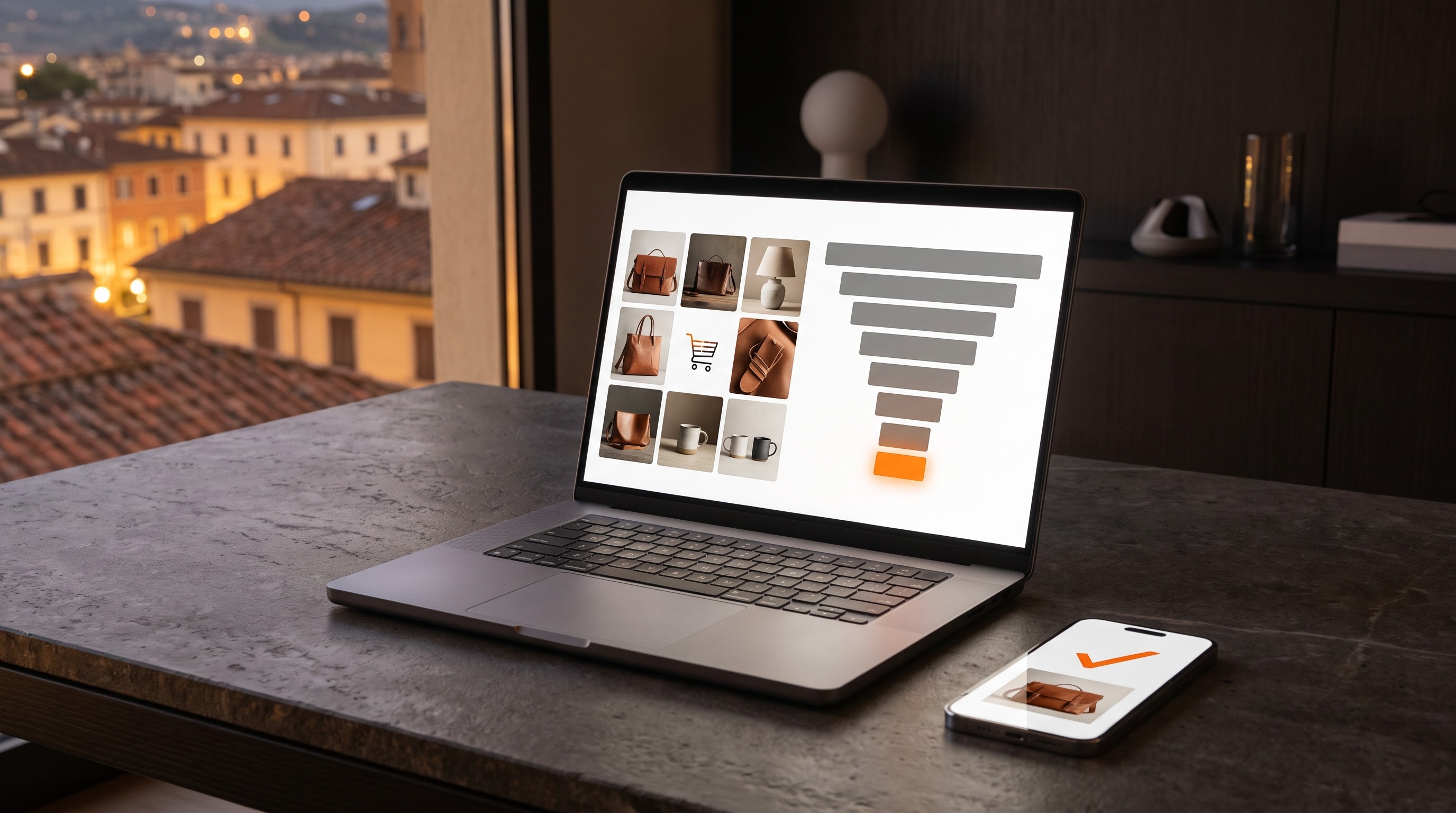 Portatile con il negozio online da una parte e l'imbuto di vendita dall'altra, l'ultima barra arancione, e sul telefono l'ordine confermato