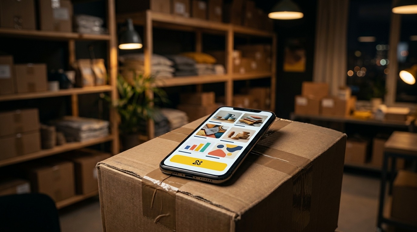 Smartphone con la pagina di un negozio online appoggiato su una scatola da spedizione