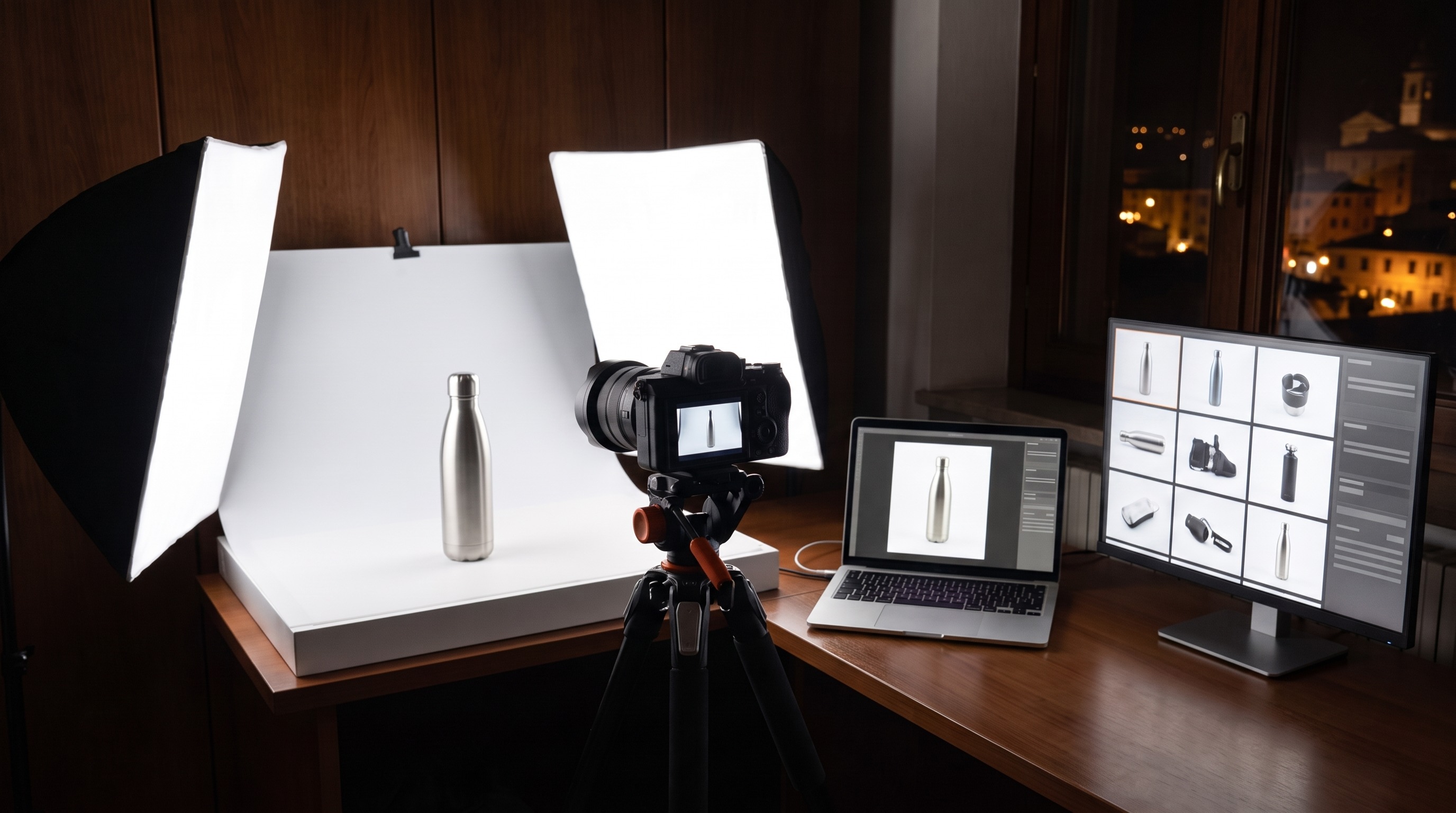 Set fotografico per un negozio online: la fotocamera sul treppiede inquadra una borraccia, il portatile mostra lo scatto e il monitor il catalogo