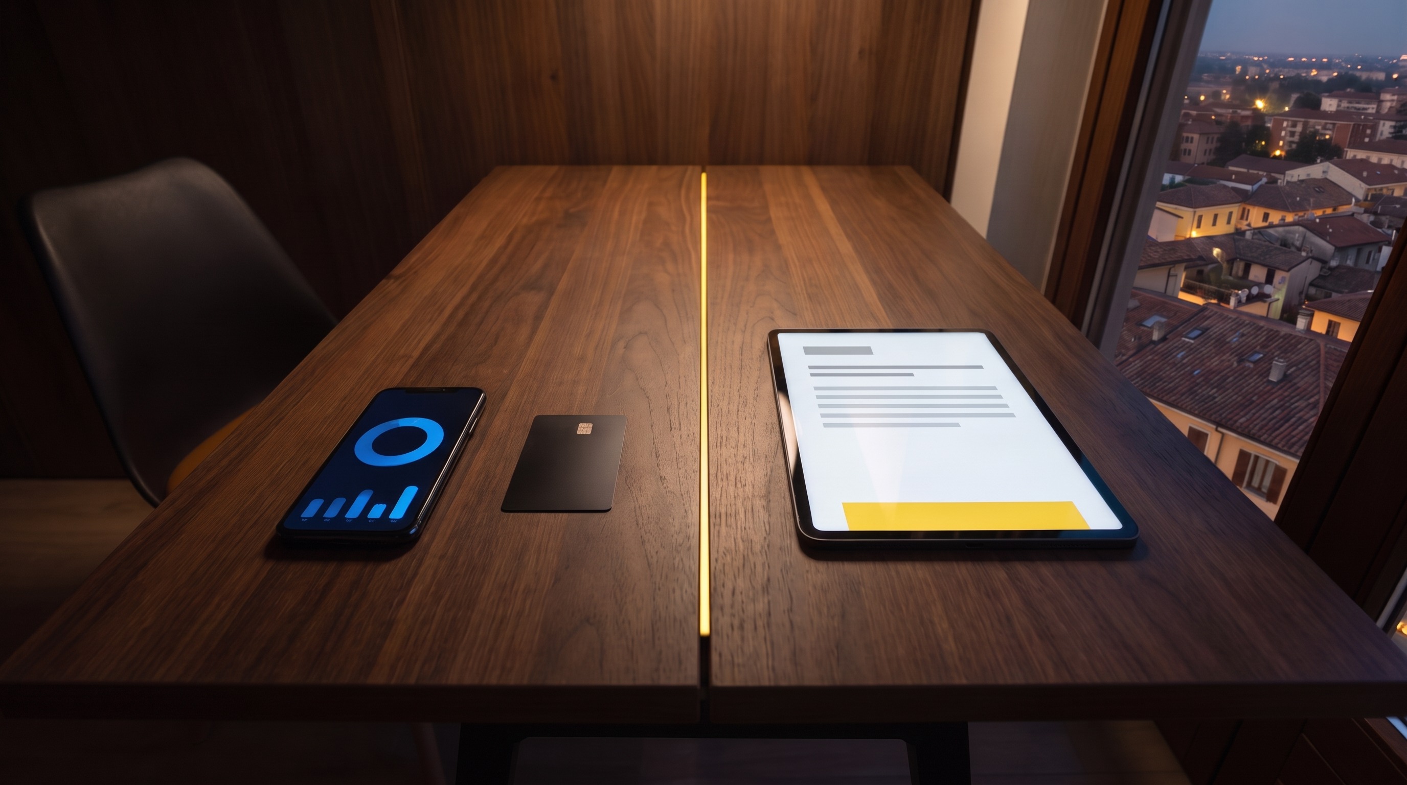 Scrivania divisa da una linea gialla: a sinistra il telefono con la spesa pubblicitaria in blu e la carta, a destra il tablet con la fattura del compenso