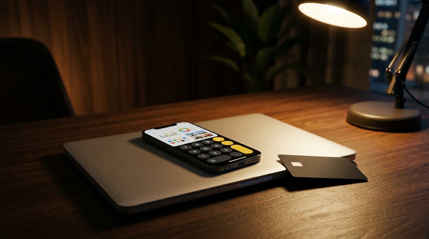 Smartphone con una calcolatrice dal tasto giallo su un portatile chiuso, accanto una carta di pagamento nera