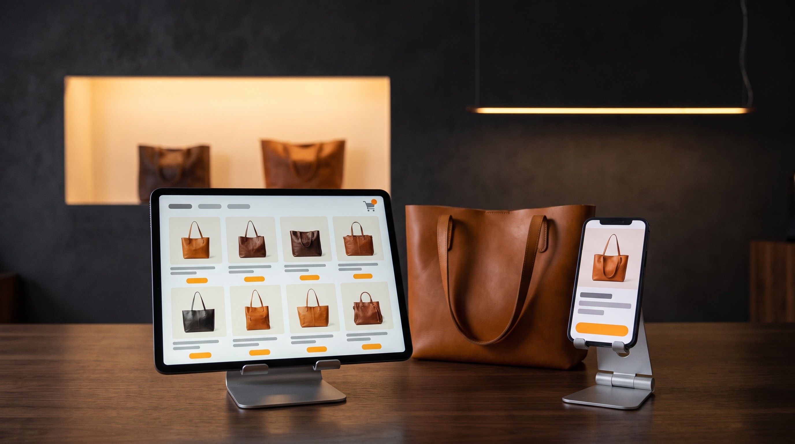 Showroom moderno con due borse illuminate, un tablet col negozio online e uno smartphone con la scheda del prodotto