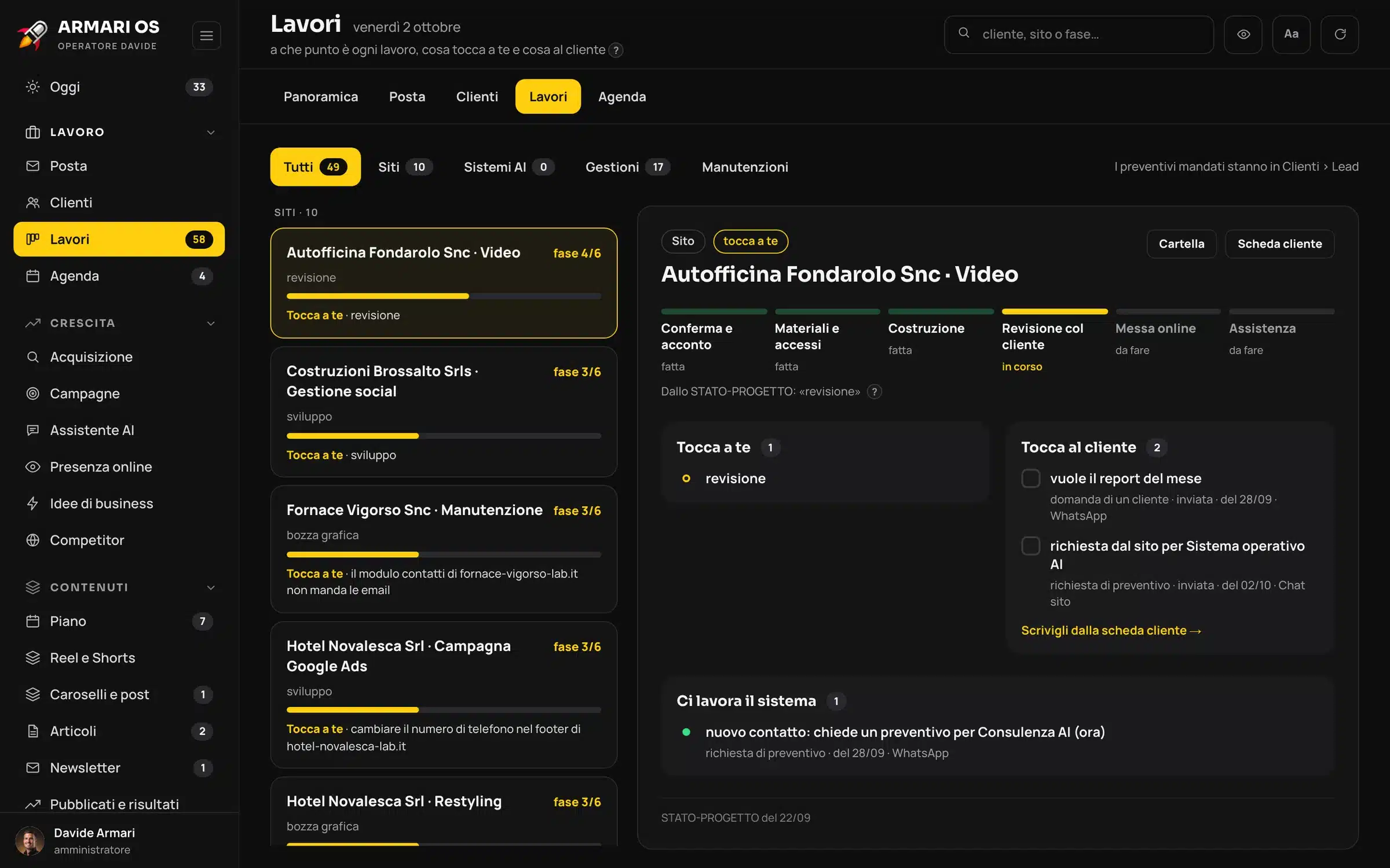 Dashboard Armari OS con dati dimostrativi: Lavori · ogni lavoro con cosa manca per chiuderlo e chi sta aspettando chi
