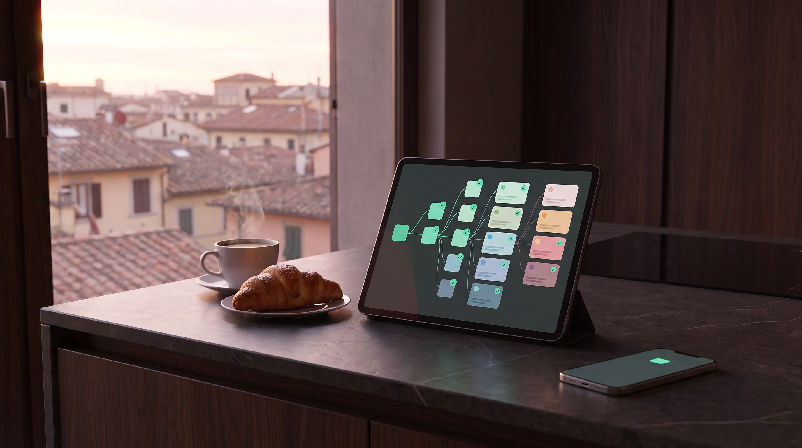 Colazione all'alba con cornetto e caffè: sul tablet le richieste della notte già divise in tre colonne con le spunte verde acqua, sul telefono il riepilogo